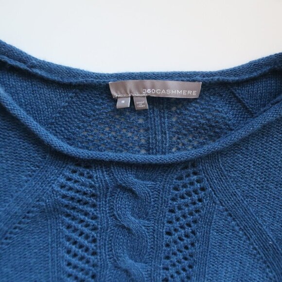 360 Cashmere Blue Cable & Open Knit Long Sleeve Boat Neck Sweater Pullover Small - Picture 11 of 12